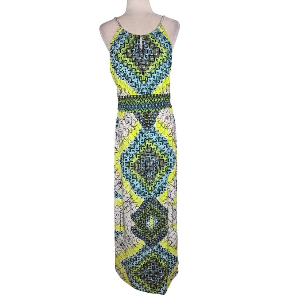 London Times EUC sleeveless maxi dress geometric 10 blue neon yellow white green